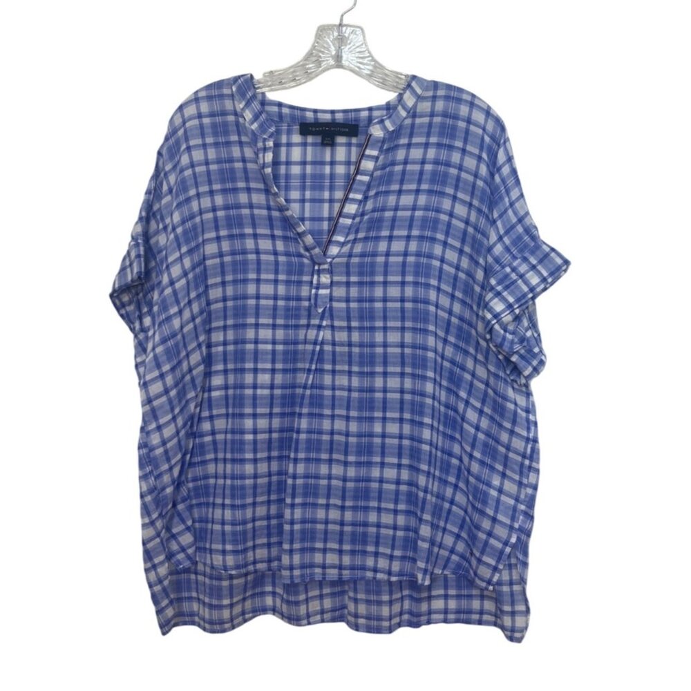 Tommy Hilfiger Short Sleeve Shirt‎ Womens Large Blue White Plaid Light Weight